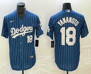 Mens Los Angeles Dodgers #18 Yoshinobu Yamamoto Number Blue Pinstripe Cool Base Stitched Baseball Jersey
